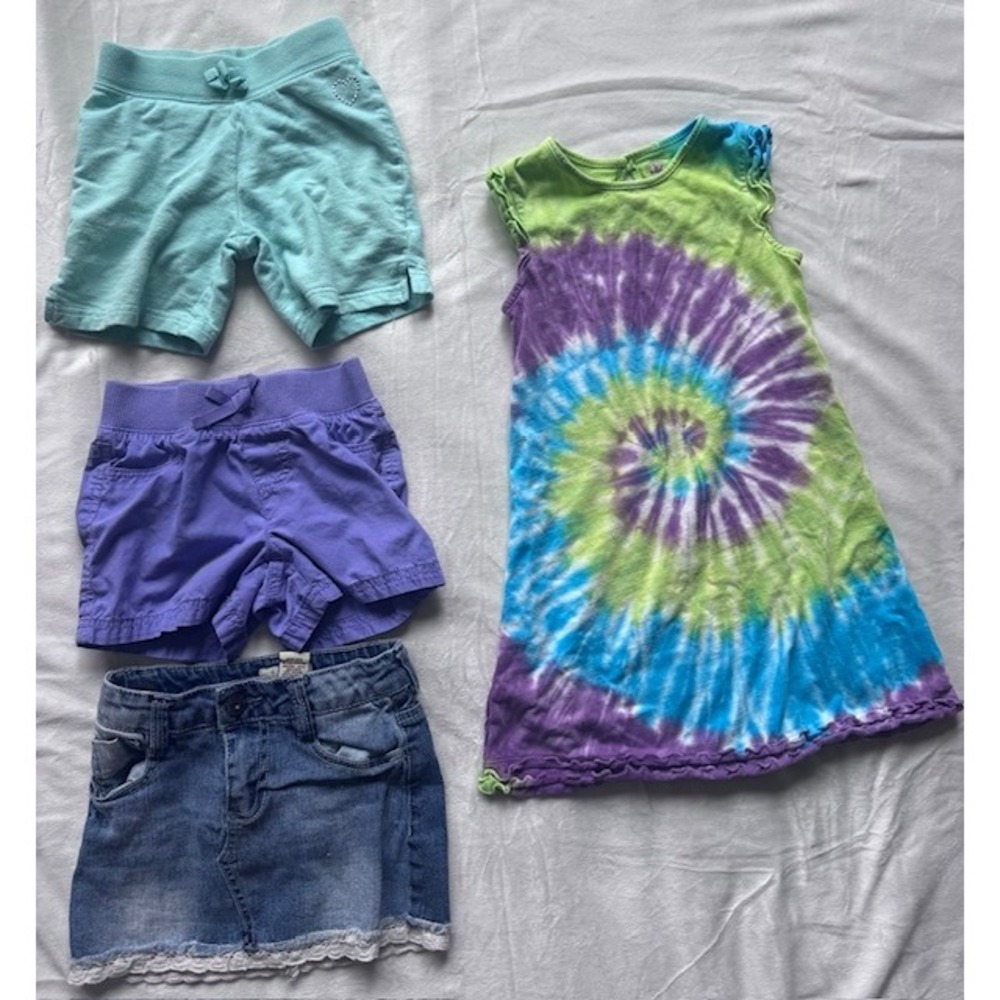 Girls Size 4 Summer Bundle Tie Dye Dress Jumping Beans Shorts Mudd Denim Skirt